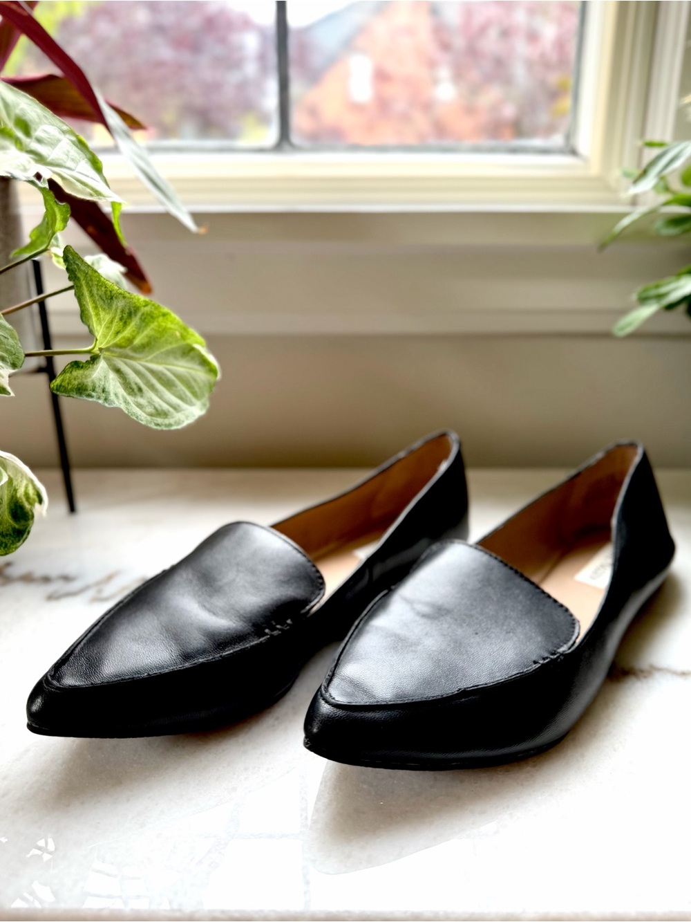 Steve Madden Feather Loafer | Black Leather Pointed Toe Women’s Flats | 9.5